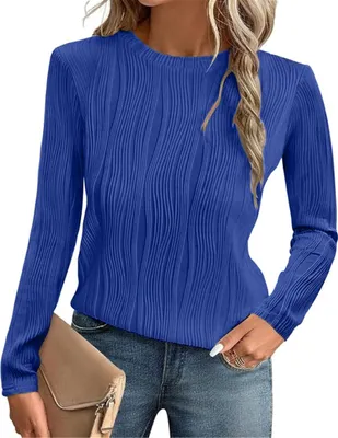 Produktbild von ASKSA Damen T-Shirt Rundhals Plissee Langarmshirts Basic Einfarbig Laessig Casual Bluse Elegant Oberteile (Blau,L)