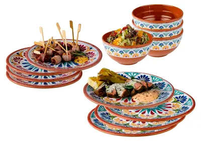 Produktbild von Melamin Essgeschirr Set für 4 Personen, Campinggeschirr im mediterranen Design