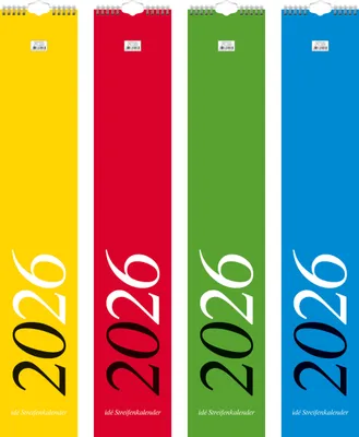 Four vertical calendars of different colors (yellow, red, green, blue) are displayed side-by-side against a white background. Each calendar features the year '2026' prominently in large white or black text, along with smaller text at the bottom.