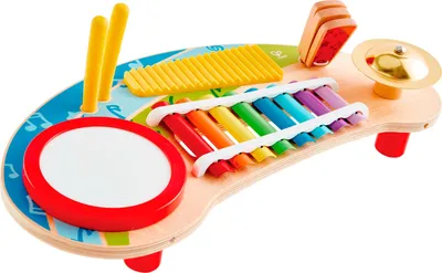 Produktbild von Hape Multifunktionale Miniband, Musikspielzeug fr Kleinkinder mit Trommel, Xylophon, Becken, Scratchboard und Klapper