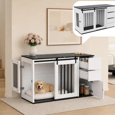 Produktbild von Flieks Hundehütte mit Schiebetür und Riegelverschluss, Hundekäfig Hundebox mit Schubladen und Tür, Beistelltisch 140x60x87cm, Schwarz
