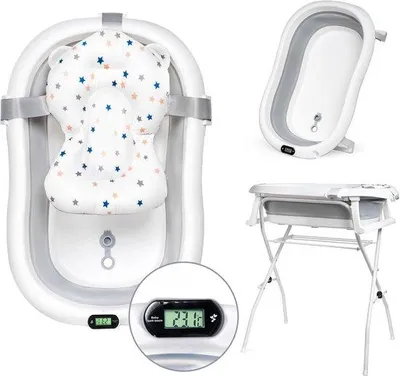 Produktbild von Famanu Babybadewanne mit Rahmen 80 cm - Badewanne mit Thermometer und Badekissen