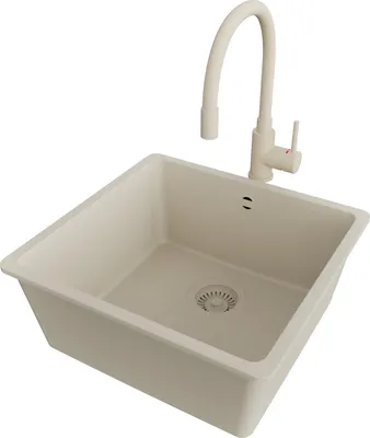 Produktbild von PRIMAGRAN Granitspüle Beige 46x44cm, Spülbecken 1 Becken + Küchenarmatur 38x14cm + Ablauf-Set, Küchenspüle ab 50er Unterschrank - Venedig Slim Easy