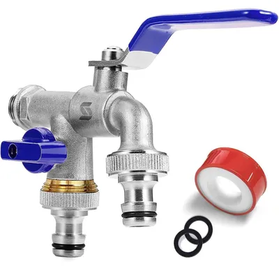 Produktbild von Gartenwasserhahn Doppel Messing 3/4 Zoll Rost- und Frostsicher mit 2 Abgängen Blau