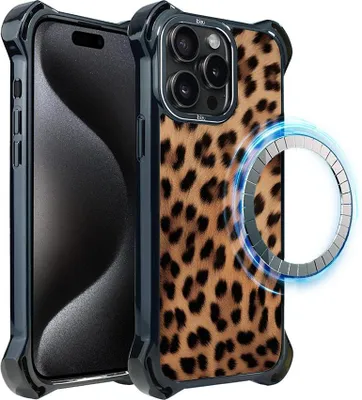 Zdjęcie produktu dla Etui do iPhone 15 Pro, kompatybilne z MagSafe, wzmocnione rogi, czarne, wzór w panterke