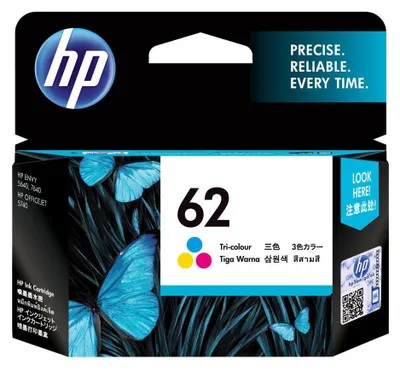 Zdjęcie produktu dla HP 62 oryginalny wkład atramentowy trójkolorowy, Standardowy, Cyjan, Purpurowy, Żółty, Atrament barwnikowy, 4,5 ml, 1 szt., Pakiet Combo