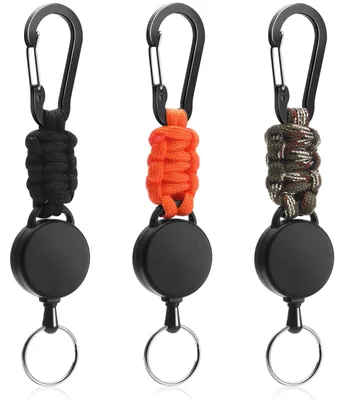 Produktbild von Ausziehbare Schlüsselanhänger, 3 Stück – 60 cm Stahlseil mit Karabiner, ausziehbarer Schlüsselhalter mit Stahlseil (schwarz/tarnfarben/orange), robust für Schlüssel und Ausweise