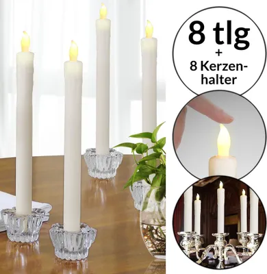 Image de Set de 8 bougies LED en cire véritable Chandelle sans flamme avec bougeoir en verre Lumière blanc chaud