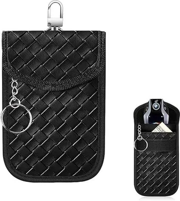 Immagine prodotto di Borsa con blocco del segnale per chiavi keyless, 1 pezzo, in Finto cuoio di alta qualità, intrecciata secondo il principio di Faraday, borsa portachiavi multifunzionale con blocco del segnale per la protezione dell'auto