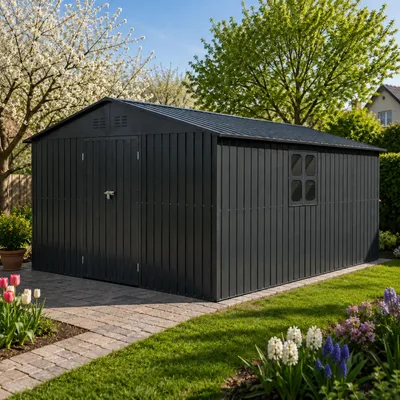 Produktbild von Albatros Gerätehaus 4XL | Anthrazit RAL 7016 | 386,6x325,5x204cm | abschließbar inkl. Schloss & Werkzeughaken | Gartenhaus aus verzinktem wetterfestem