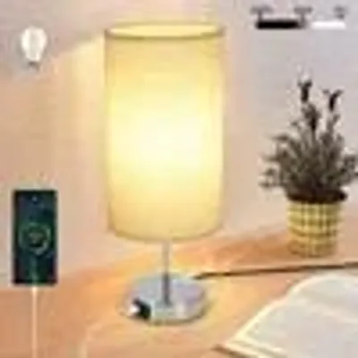 Produktbild von ZMH Tischlampe Wohnzimmer Nachttischlampe Vintage 1er Chrom Tischleuchte mit USB Ladefunktion E27 Aufladbar Schlafzimmer Nachtlicht Warmweiß Touch Dimmbar Schreibtischlampe mit Stoff Lampenschirm