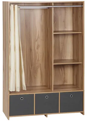 Zdjęcie produktu dla Szafa z zasłoną i 3 szufladami z tkaniny, 105 x 48 x 160 cm, kolor naturalny – drążek na ubrania 117,5 cm – nośność do 65 kg – wygląd drewniany