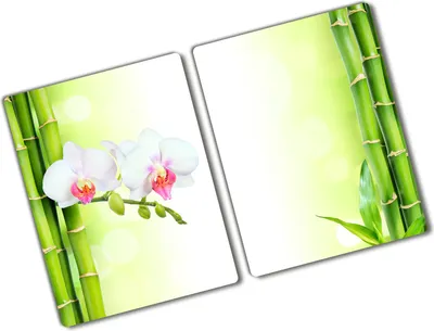 Produktbild von Tulup Glas Herdabdeckplatte - 2x40x52 cm - Glaskeramikkochfeld-Abdeckung Spritzschutz Glasabdeckplatte Kochplattenabdeckung und Schneidebrett - Zweiteilig - Blumen & Pflanzen - Orchidee und Bambus - Grün