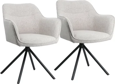 Two gray fabric chairs with black metal legs on a white background.