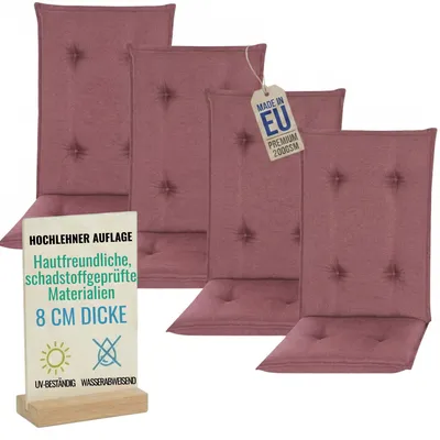 Produktbild von Pillows24 - 4x Hochlehner Auflagen 120x50x8 cm | Gesteppte Wetterfeste Gartenstuhlauflagen | Polster Sitzkissen für Gartenmöbel |  EU | Pflaume