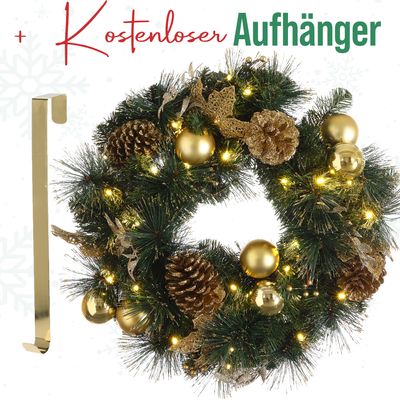 MeisterHome ® Künstlicher Weihnachtskranz Adventskranz für Tür Ø 50 cm - Weihnachtlicher Türkranz für Innen und Außen mit 35 LEDs, Timer und Gold Dekoration + Goldfarbener Aufhänger