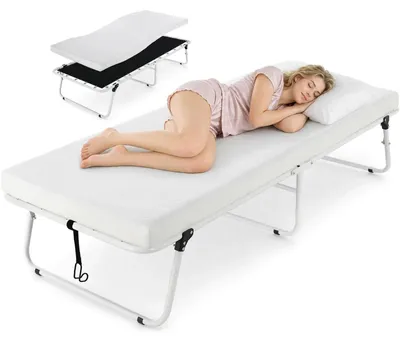 Produktbild von Klappbett - Gästebett mit Matratze - 190 x 80 cm - 7 cm Memory-Foam-Matratze - Zusammenklappbar - Metallrahmen - Weißer Rahmen