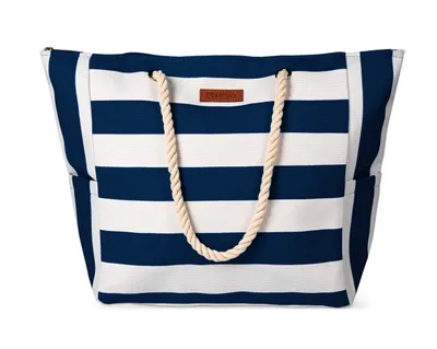 Produktbild von Strandtasche Damen Große Badetasche mit Reißverschluss Freizeittasche Sommer Tasche Gestreift Shopper Bag Einkaufstasche XXL Dunkelblau