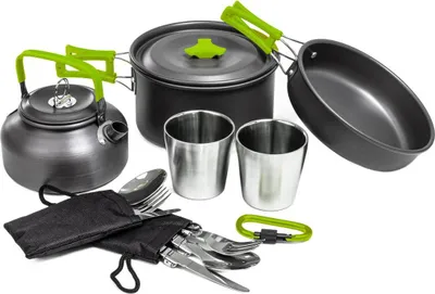 Immagine prodotto di Utensili da campeggio per cucina all'aperto con posate e tazze per 2 persone Verde