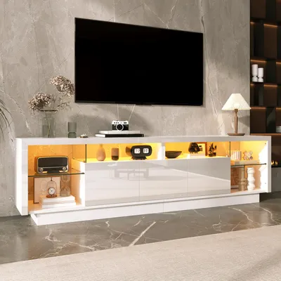 Produktbild von okwish Hochglanz TV-Schrank LED mit App-Steuerung, Lowboard mit Glasfächern und offenen Fächern, Wohnzimmerschrank in Weiß