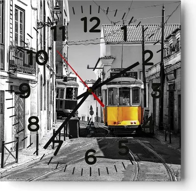 Produktbild von Wanduhr - Quadrat - Glasuhr - Straßenbahn Portugal Lissabon - 40x40cm - Schleichendes Uhrwerk - Lautlos - zum Aufhängen bereit - Dekoration Modern - Wanddekoration aus Glas - C4AC40x40-4977