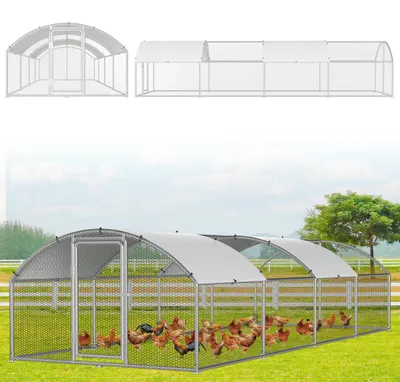 Image de Poulailler d'extérieur ISOISL, dimensions 3 x 8 x 2 mètres, surface de 24 m², toit en arc, structure en acier galvanisé de 25 mm, grillage métallique vert et bâche en PE blanc avec protection UV, pour volailles
