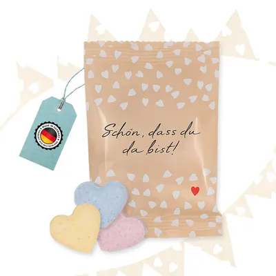 Produktbild von 10 Tütchen Traubenzucker-Herzen Schön, dass du da bist – Gastgeschenk glutenfrei