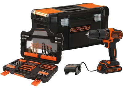 Immagine prodotto di BLACK & DECKER trapano a percussione a batteria 18V a 2 velocità, con 104 accessori + valigetta