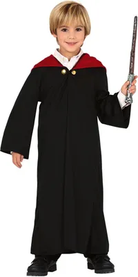 A young boy dressed in a wizard costume, holding a wand.