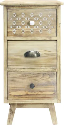 A wooden nightstand with three drawers against a white background.