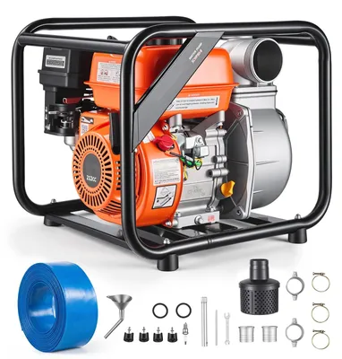 Produktbild von Benzin Wasserpumpe - Schmutzwasserpumpe 7 PS - 43 m Förderhöhe - Tragbare Motorpumpe - 7,6 m Auslassschlauch - Gusseisenlaufrad - Für Bewässerung, Teiche & Pools