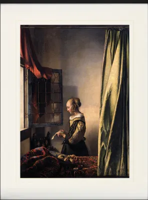 Obrázek produktu pro Johannes Vermeer Rámovaný obraz s jemným paspartováním | Obrazy na zeď | V rámu - Dívka čtoucí dopis u otevřeného okna, 1657-1659 (80 x 60 cm)