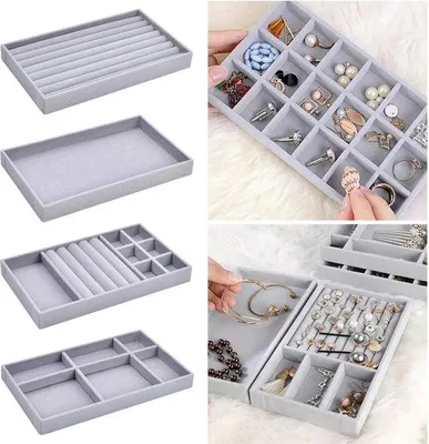 Produktbild von Famanu Set von 6 Samt Schmuckkästchen, stapelbare Schmuckorganizer - Grau