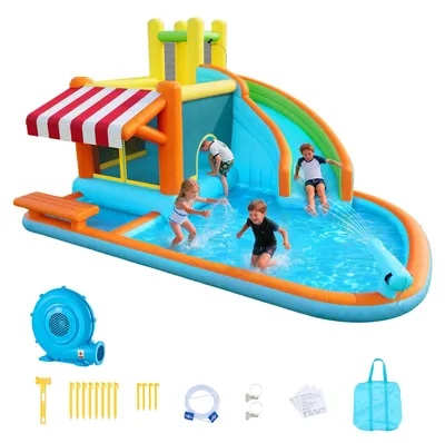 Produktbild von VEVOR Aufblasbares Hüpfhaus, 12,5 x 13,1 x 6,5 ft Aufblasbares Hüpfhaus mit Wasserrutsche, Hüpfburg mit Schloss-Hüpfbereich, Basketballkorb, Planschbecken & Wasser-Ringwurfspiel, für 3 bis 4 Kinder im Alter von 3 bis 8 Jahren, 17 ㎡, Pool+Hohe Rutsche+Trampolin-a