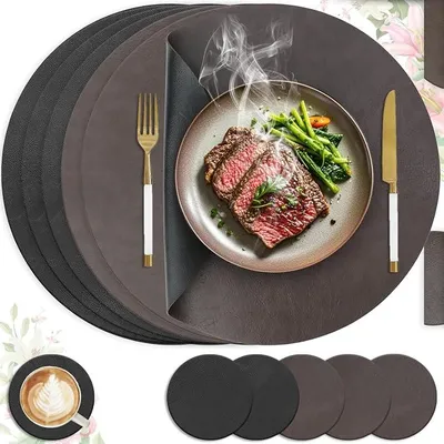 Produktbild von PolkaHome® Set von 6 runden Platzsets aus Kunstleder, abwischbar und wasserdicht, Tischsets in Lederoptik mit Untersetzern, doppelseitig