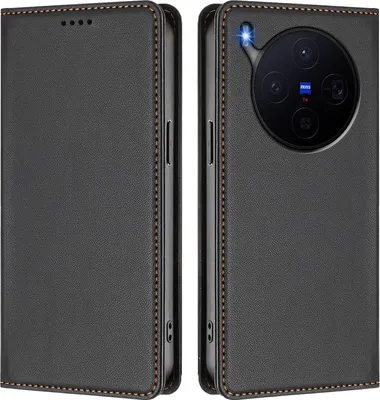 Produktbild von Handyhülle für vivo X300, Kunstleder Klapphülle Stoßfeste Magnetische Hülle mit Ständer Schwarz