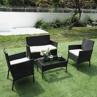 Produktbild von Bigzzia Gartenmöbel Set, Polyrattan Lounge Gartengarnitur 2x Sessel + 1x Doppelsitz-Sofa + 1x Tisch + 3x Kissen, Schwarz