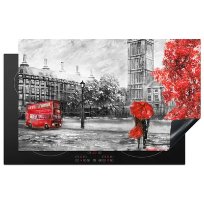 Produktbild von KitchenYeah© Herdabdeckplatte Rot - London - Stadt - Schwarz und weiß , 83x51cm, Küche Deko, Glaskeramikkochfeld Herdabdeckung, Abdeckplatte fùr Kochfeld