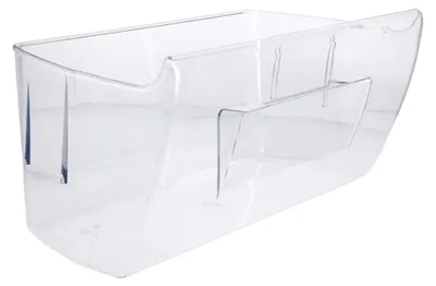 A clear plastic drawer for a refrigerator.