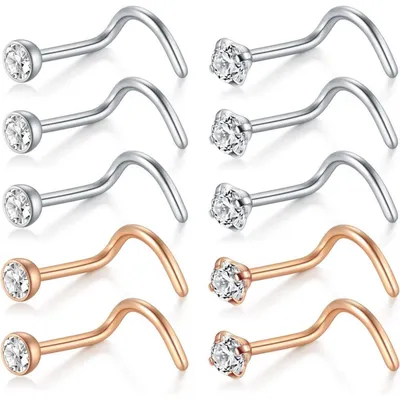 Immagine prodotto di Inserzioni nasali 18G a forma di L, in acciaio chirurgico con zirconia, argento/oro rosa, confezione da 10