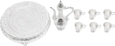 Immagine prodotto di Set da tè, contiene 6 tazze da tè, elegante vassoio da tè, argento, set di otto pezzi