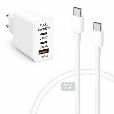 Produktbild von MATO TEC 65W GaN 3-Port Schnellladegerät (2x USB-C, 1x USB-A) inkl. 2m USB-C Kabel, Weiß