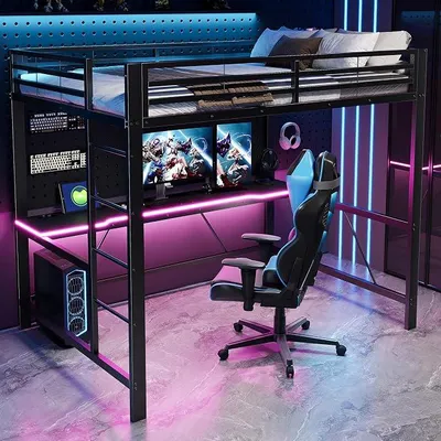 Zdjęcie produktu dla Łóżko dziecięce 140x200 cm z oświetleniem LED i stacją ładowania USB, łóżko piętrowe z biurkiem, metalowa rama, kolor czarny (bez materaca)