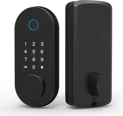 Two views of a black smart door lock, one front and one back, against a white background.