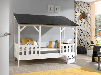 Produktbild von Vipack Hausbett inkl. Rolllattenrost, Liegefläche 90 x 200 cm, Ausf. weiß teilmassiv Dach in Schwarz
