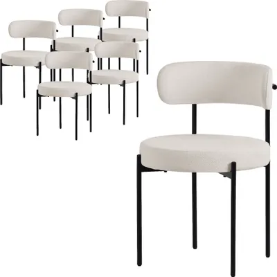A set of six white upholstered chairs with black metal legs are shown, with one chair prominently displayed in the foreground.