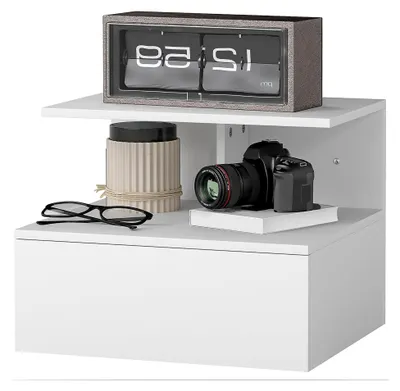 Produktbild von Hängender Nachttisch mit Schublade und offenem Fach, Nachtschrank für Schlafzimmer und Wohnzimmer, Weiß, 39,8 x 35 x 31,6 cm