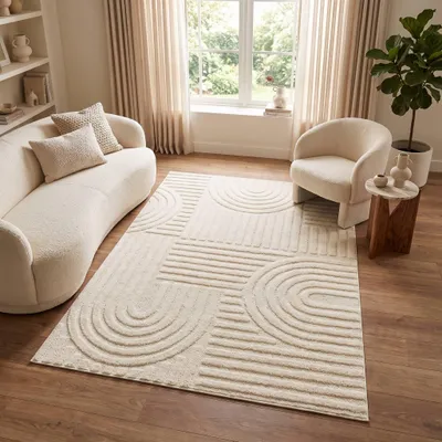 Produktbild von Tapiso Kurzflorteppich LINEA 3D Patchworkmuster creme Wohnzimmer 80 x 150 cm