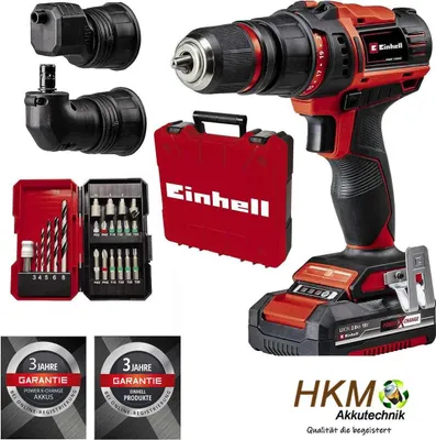 A collection of power tools and accessories, including a drill, bit set, and carrying case, arranged on a white background.