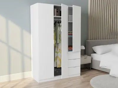 Produktbild von Garderobe Fullerton, Schlafzimmerschrank mit 3 Türen und 3 Schubladen, Schrank mit 3 Einlegeböden und Kleiderstange, 135x52h200 cm, Weiß
